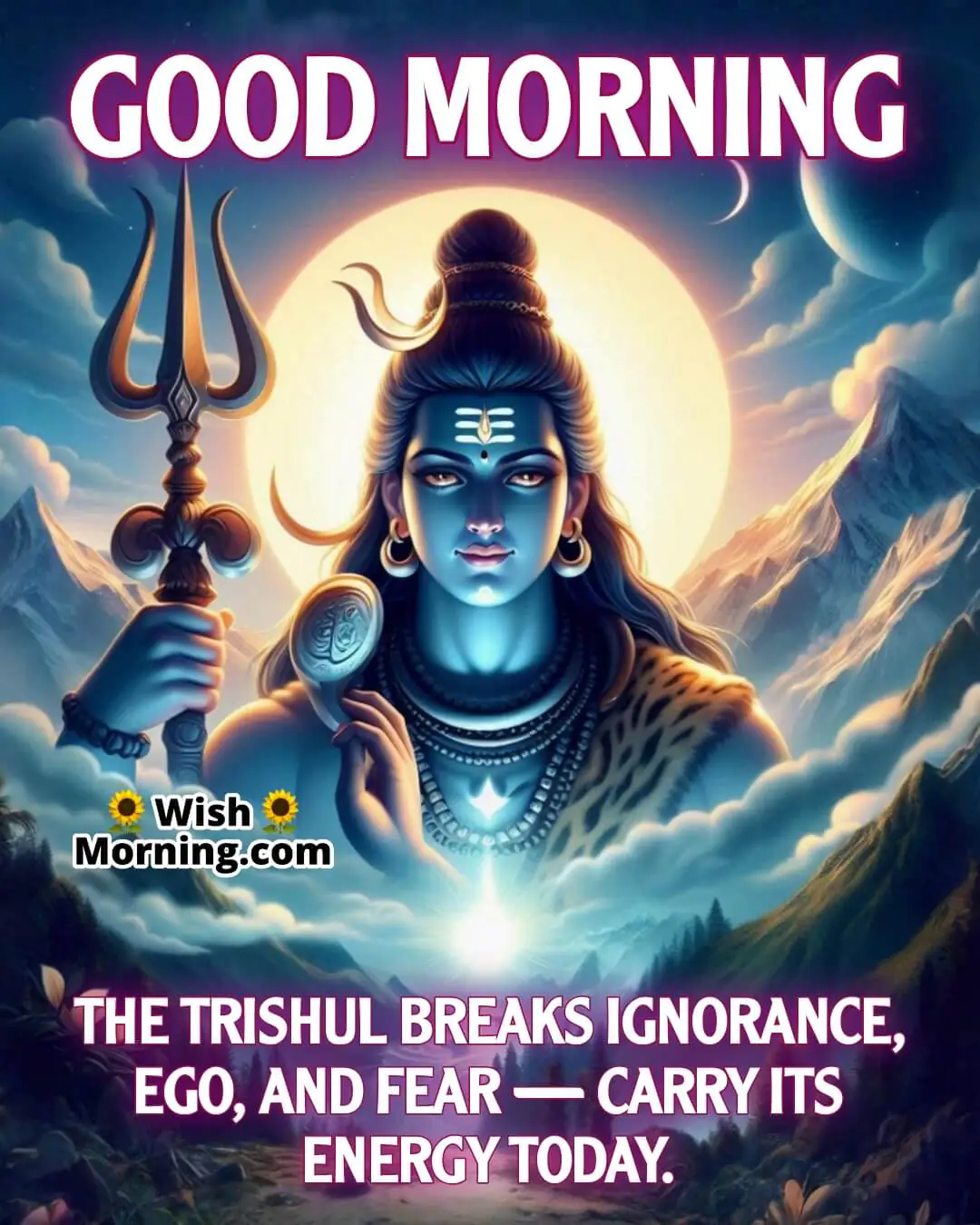Lord Shiva image featuring holding glowing Trishul and Damru, symbolizing the energy to overcome ego and ignorance.