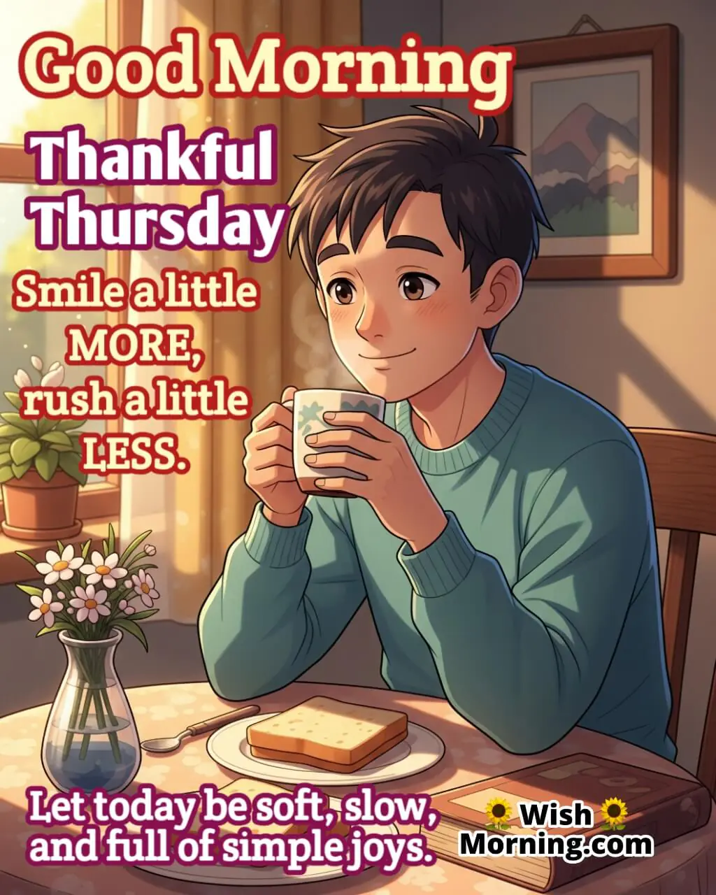 Motivational Thankful Thursday Quote image featuring a person enjoying a peaceful breakfast symbolizing mindfulness and calm living.