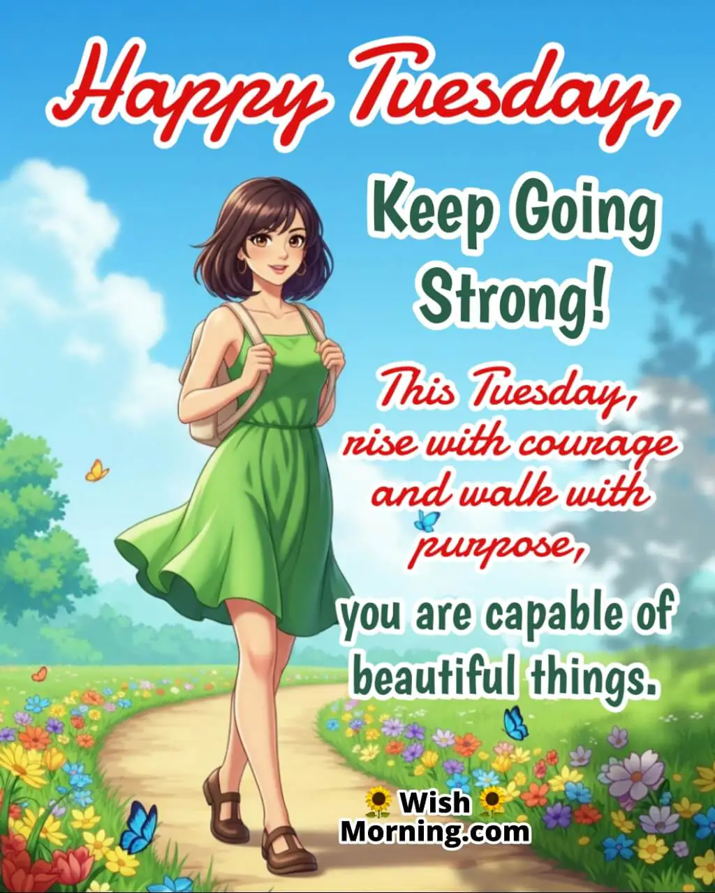 Motivational Tuesday Morning Quote for Confidence featuring a smiling woman walking through morning garden, symbolizing strength and courage.