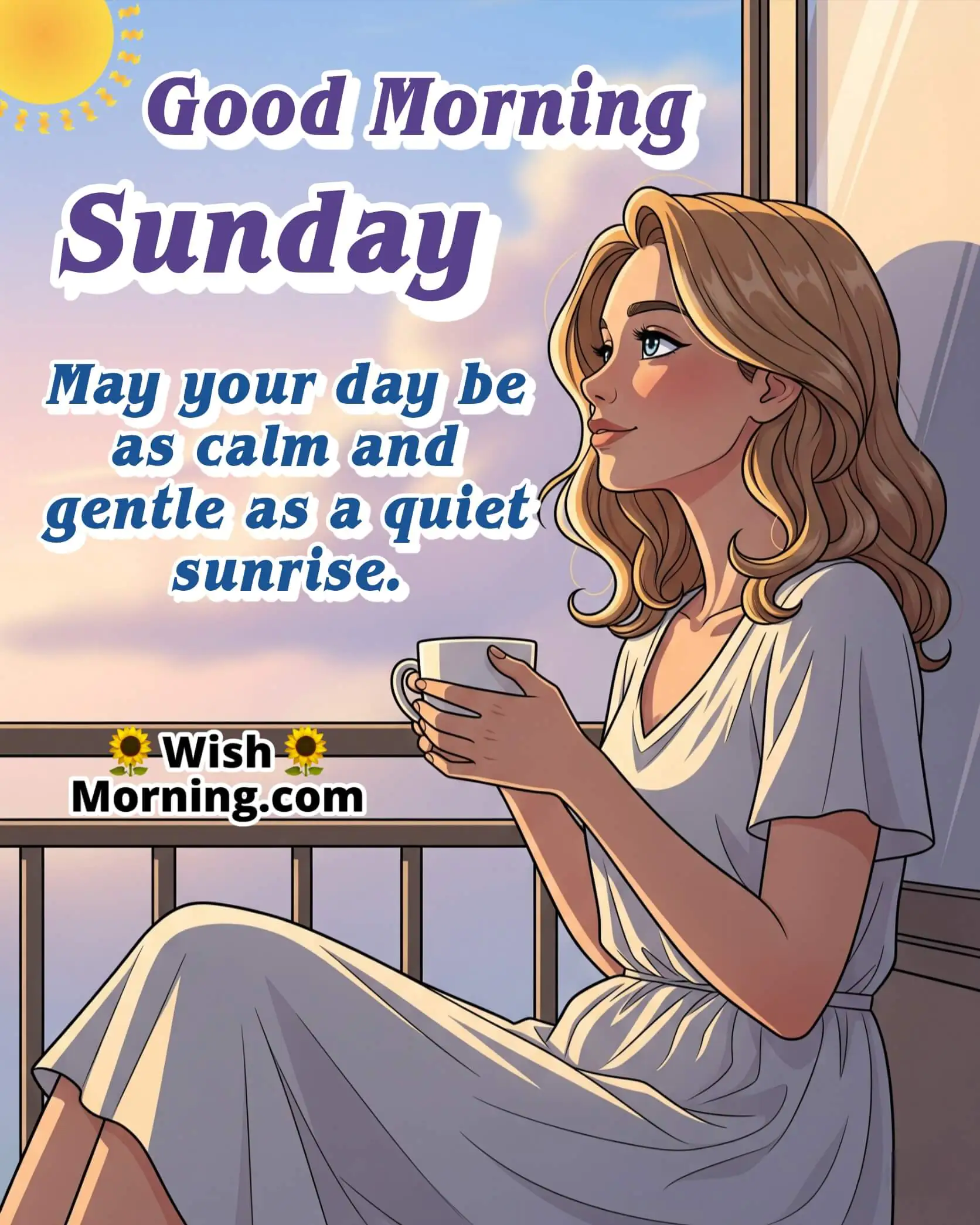 Peaceful Sunday Morning Wish featuring a person relaxing on a balcony with a clear sunrise, symbolizing a calm and gentle start to the day.
