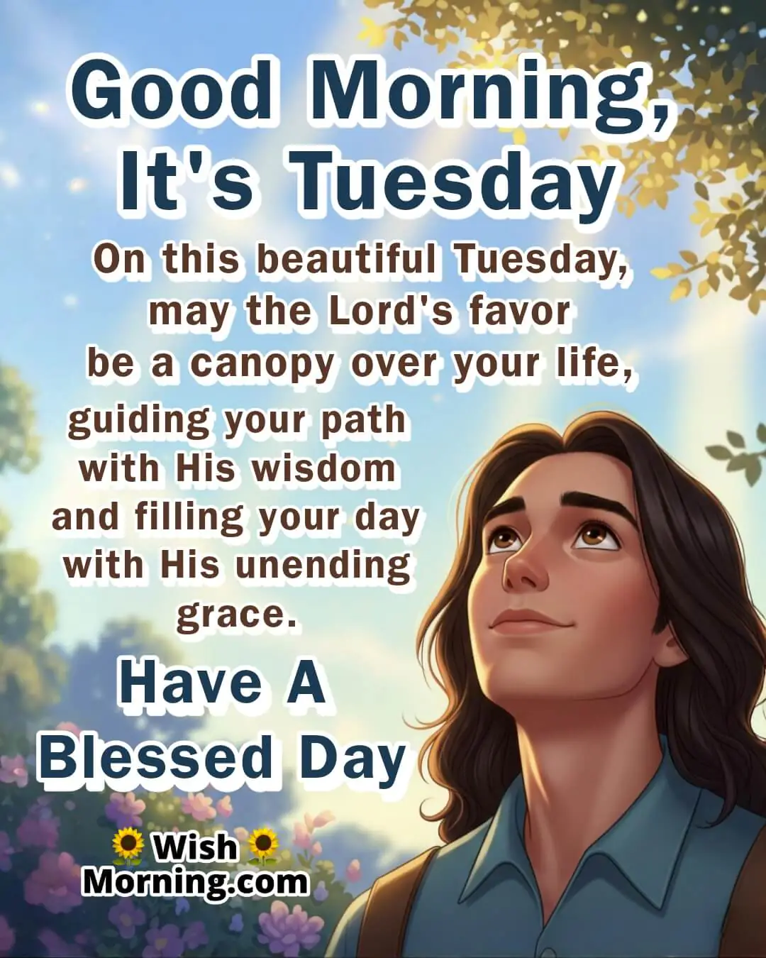 Spiritual Tuesday Morning Wish featuring A person stands peacefully under a glowing canopy of light in a sunlit garden, symbolizing divine protection and guidance.