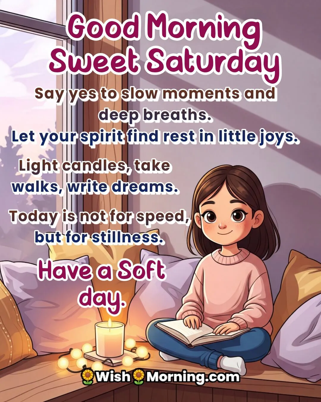 Sweet Saturday image featuring a cartoon girl relaxing by candlelight with a journal, symbolizing stillness, warmth, and weekend comfort.