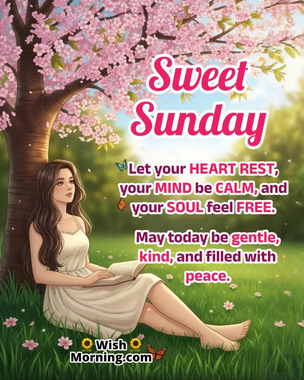 Sweet Sunday Peaceful Wish Image featuring a woman under a flowering tree with butterflies and soft morning light symbolizing calm, rest, and peaceful energy.