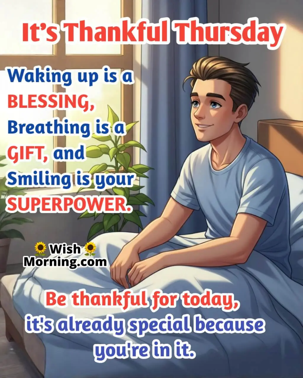 Thankful Thursday Morning Blessing image featuring a person waking up peacefully symbolizing gratitude and the joy of being alive.