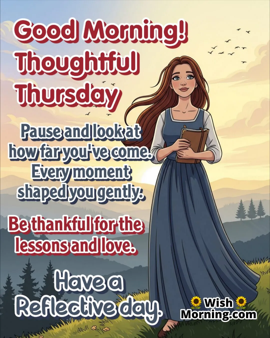 Thoughtful Thursday cartoon morning with a woman holding a journal at sunrise, symbolizing peaceful growth and self-reflection.