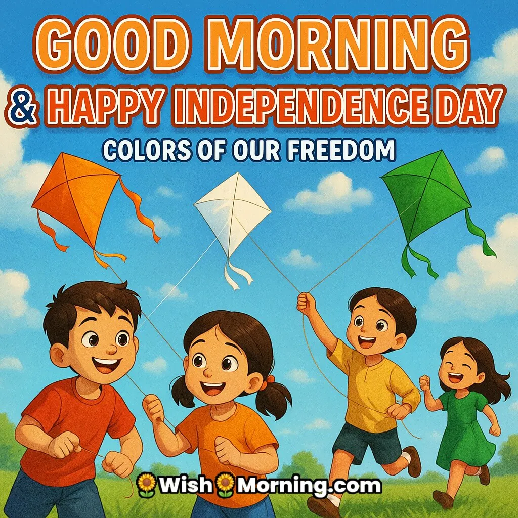Colorful Good Morning Happy Independence Day image featuring children flying saffron, white, and green kites under a clear blue morning sky, symbolizing joy and the colors of freedom
