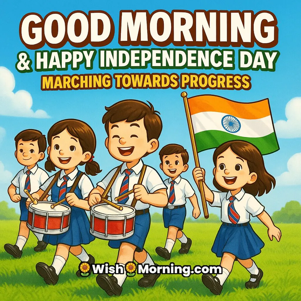 Energetic Good Morning Happy Independence Day image featuring school children marching in a parade with drums and Indian flags under bright morning light, symbolizing progress and celebration