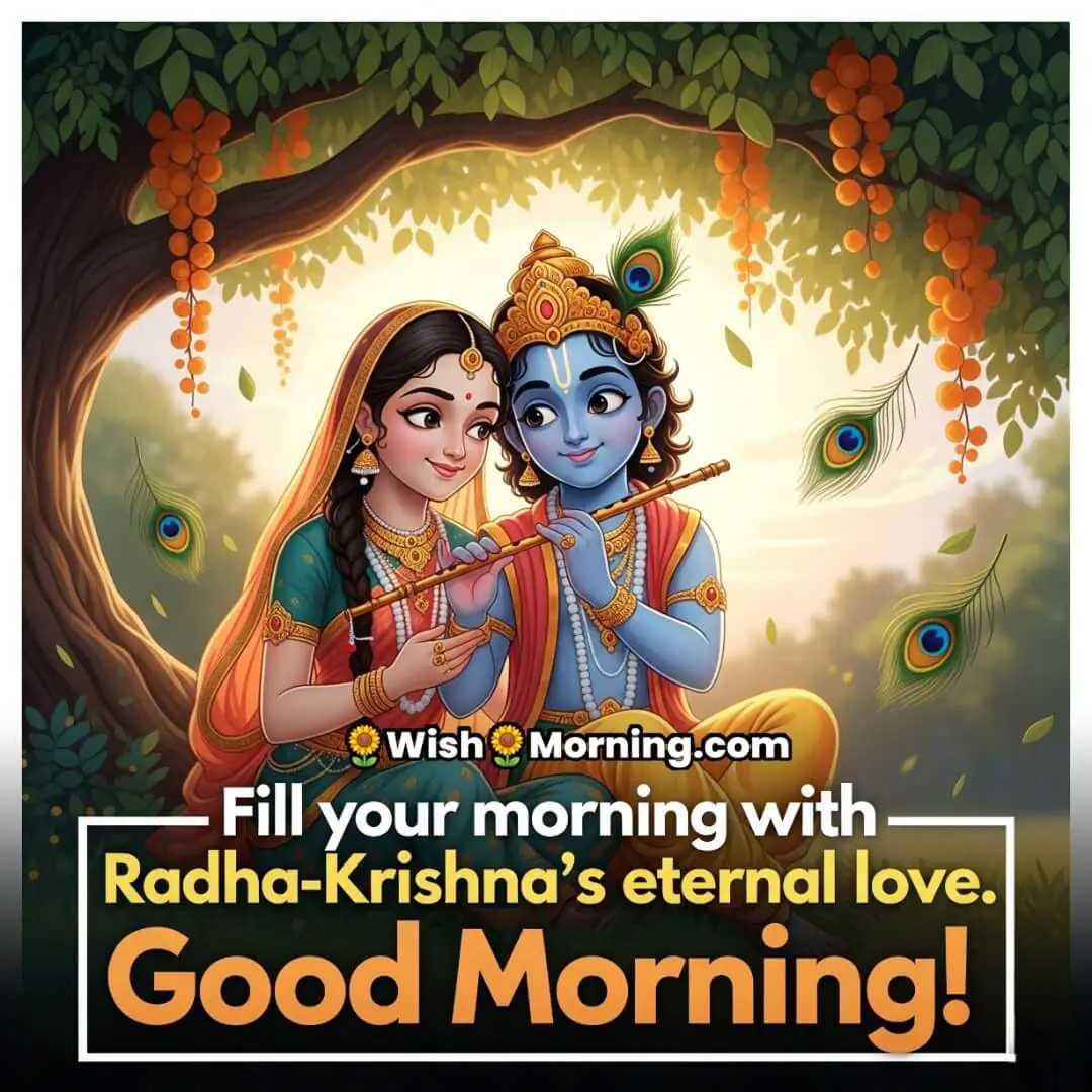 Good Morning Krishna Janmashtami image featuring Radha and Krishna under a kadamba tree with morning light, symbolizing love and devotion
