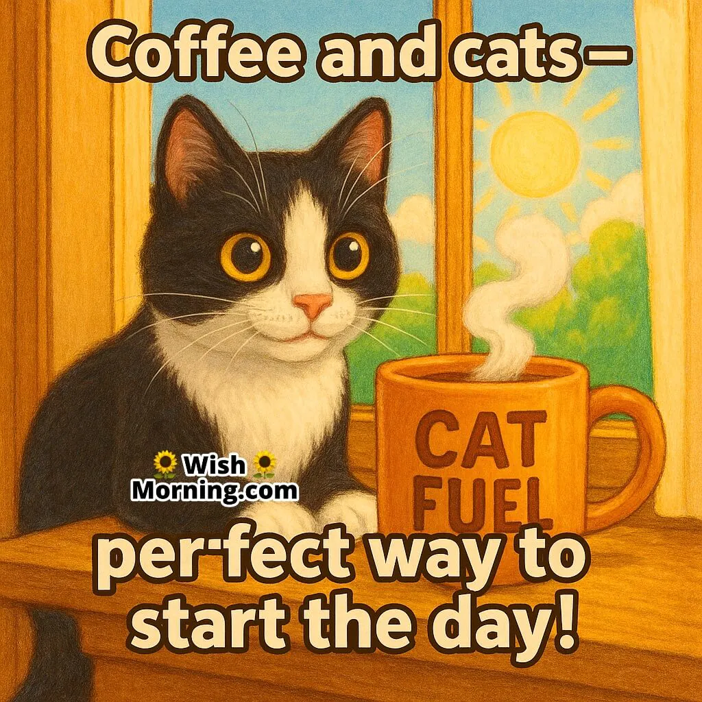 Good Morning image featuring a black-and-white cat beside a steaming coffee mug, symbolizing calm focus and cozy starts