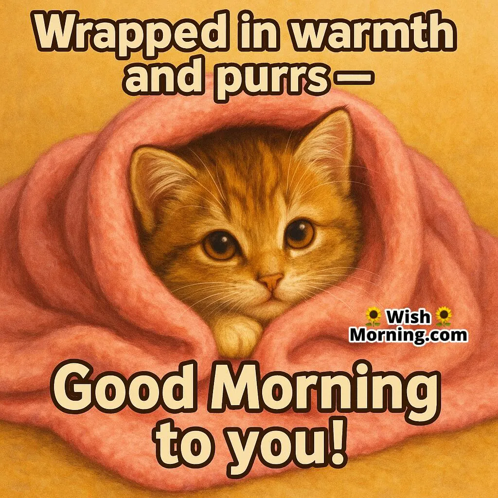 Good Morning image featuring a kitten snuggled in a soft blanket with sleepy eyes, symbolizing comfort and morning calm