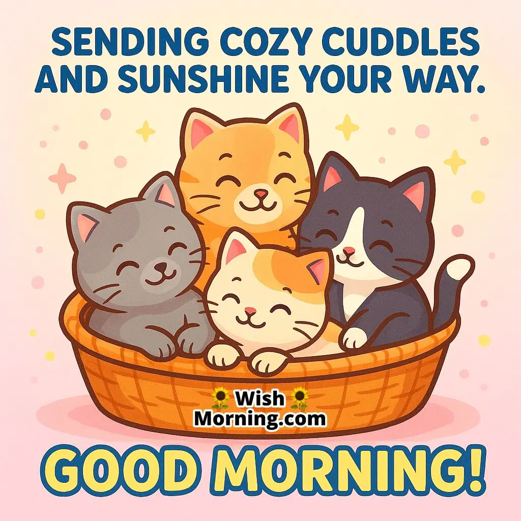 Good Morning image featuring kittens cuddling together in a basket, symbolizing warmth, bonding, and soft mornings