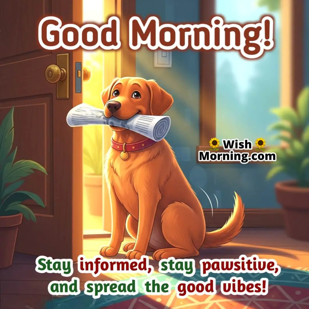 Good Morning Dog Message featuring a Labrador holding a newspaper at the door, symbolizing readiness and positivity.