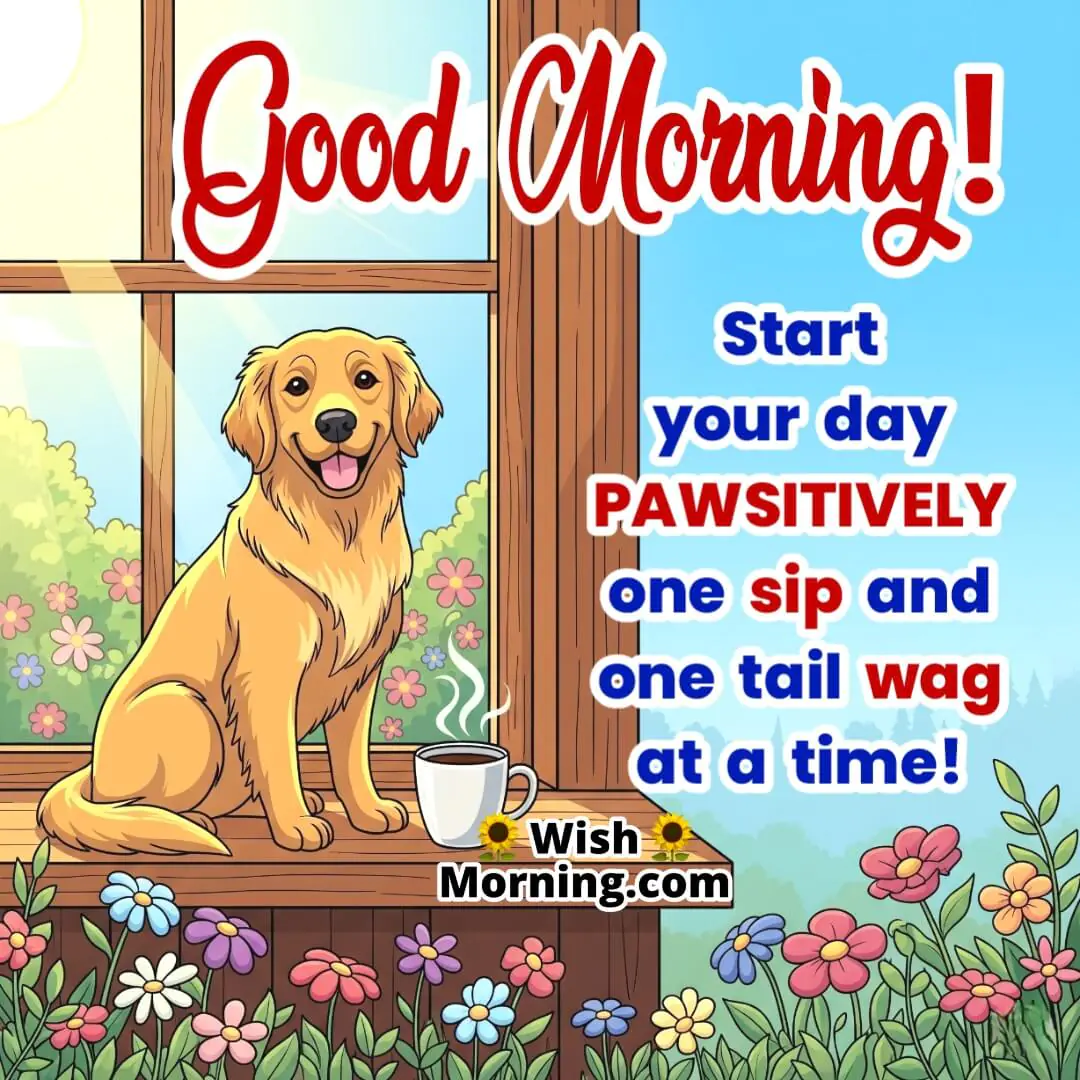 Good Morning Dog Wish featuring a golden retriever beside a coffee mug on a morning windowsill, symbolizing calm and cheerful energy.