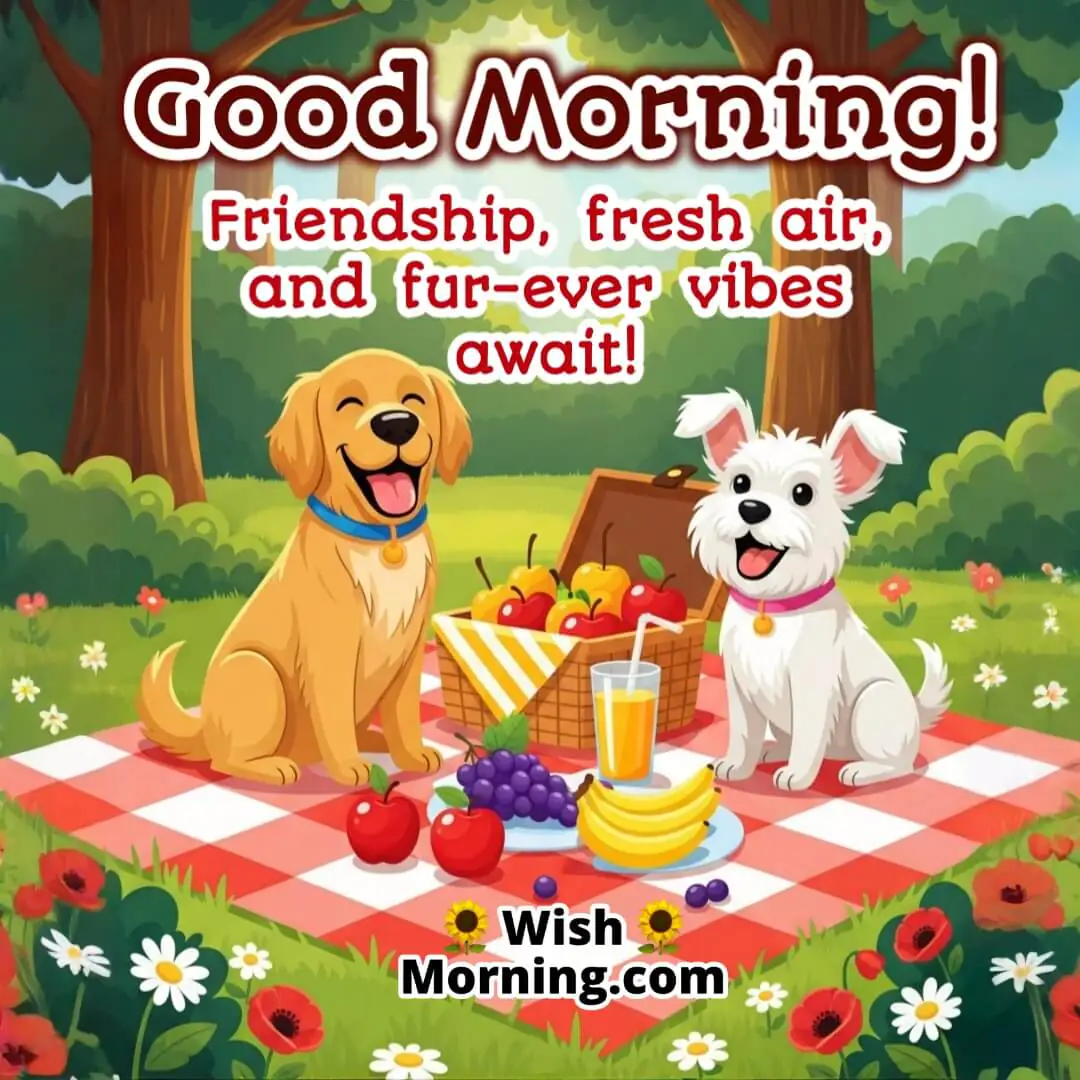 Good Morning Dogs Picnic Image featuring two dogs enjoying morning outdoors, symbolizing friendship and joy.