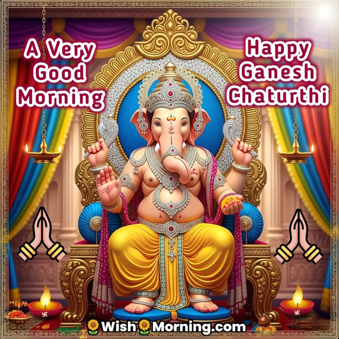 Good Morning Ganesh Chaturthi Image featuring Lord Ganesha seated in a bright decorated Mandap, symbolizing peace, divinity, and wisdom
