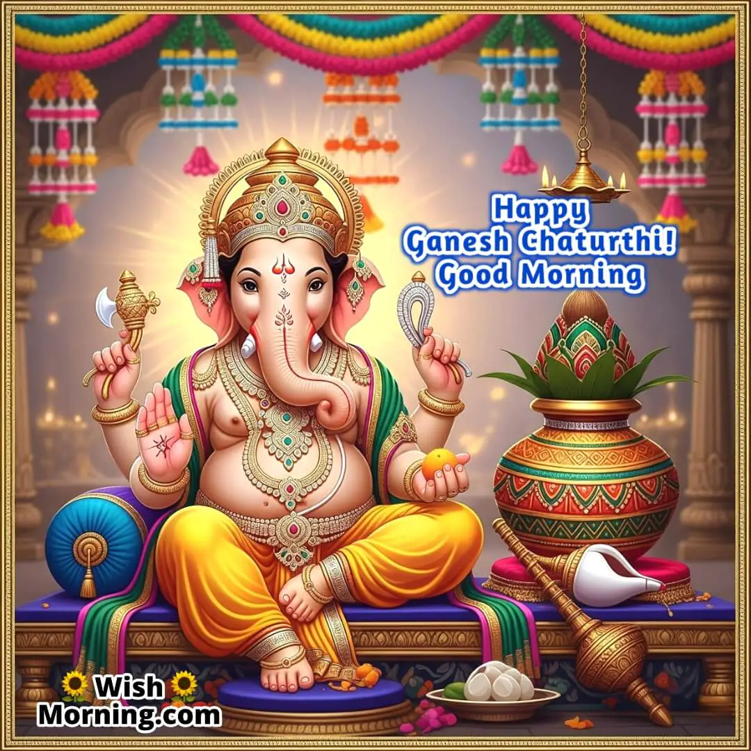Good Morning Ganesh Chaturthi Image featuring Lord Ganesha beside Kalash and conch, symbolizing auspicious rituals and purity
