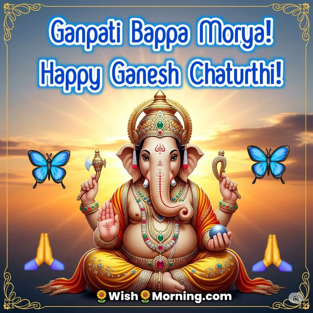 Good Morning Ganesh Chaturthi Image featuring Lord Ganesha with rising sun behind him, symbolizing new beginnings and spiritual radiance