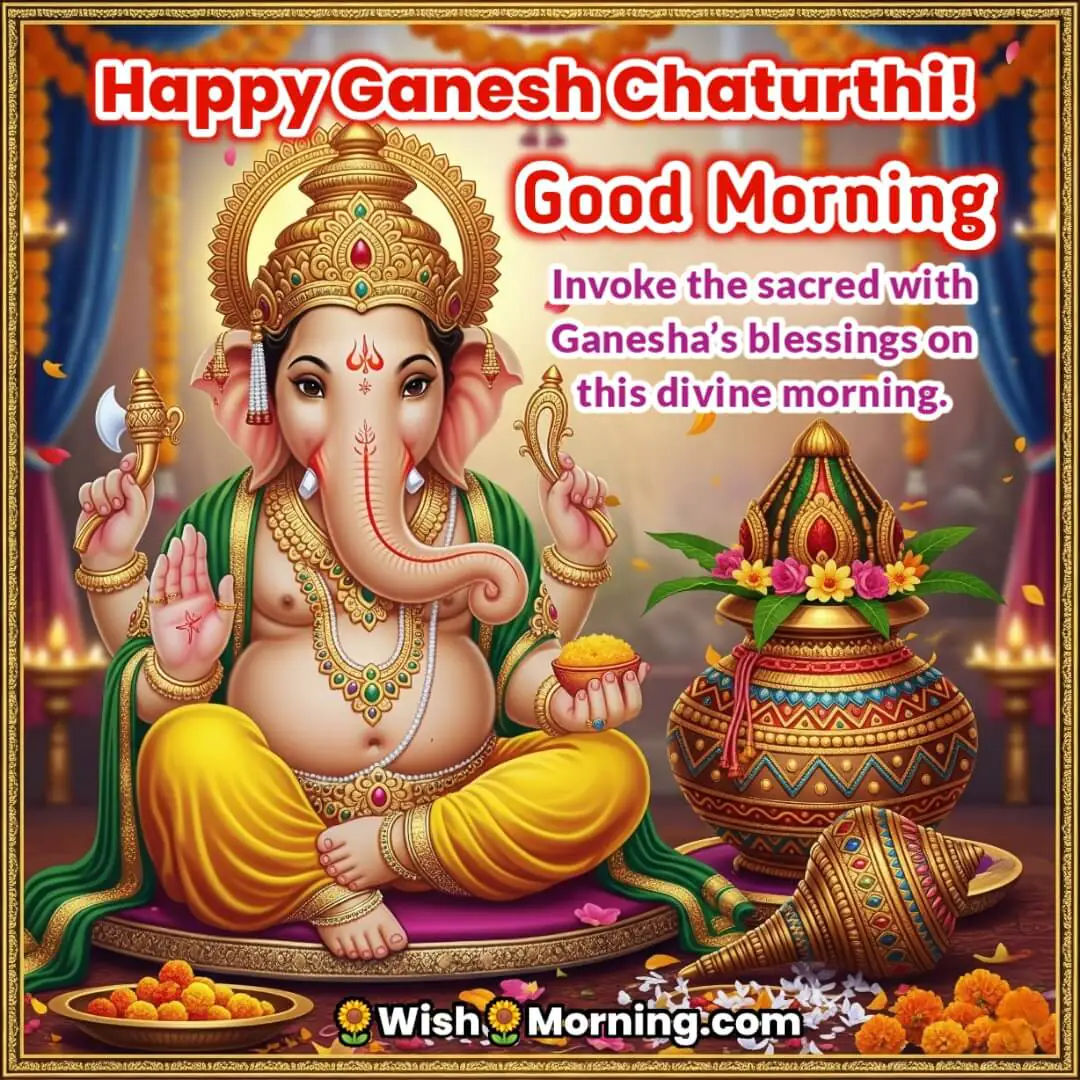 Good Morning Ganesh Chaturthi Image featuring Lord Ganesha with Kalash and Shankh, symbolizing sacred ritual blessings