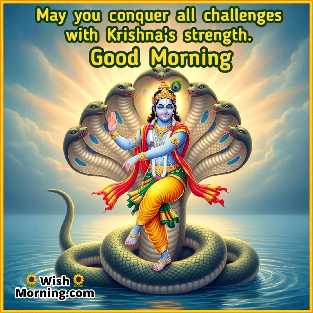 Good Morning Krishna Janmashtami image featuring Krishna dancing on Kaliya Naag with divine glow, symbolizing strength and protection