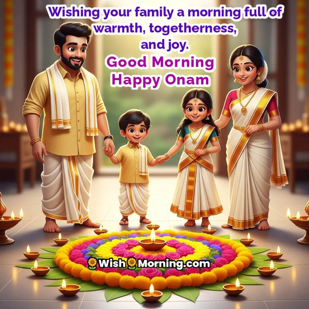 Good Morning image featuring a joyful family around a flower rangoli, symbolizing love and bonding.