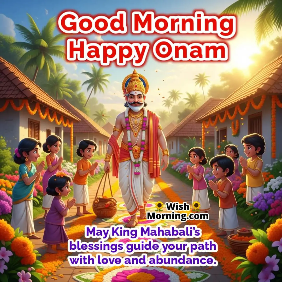 Good Morning image featuring King Mahabali entering a decorated village, symbolizing abundance and divine grace.