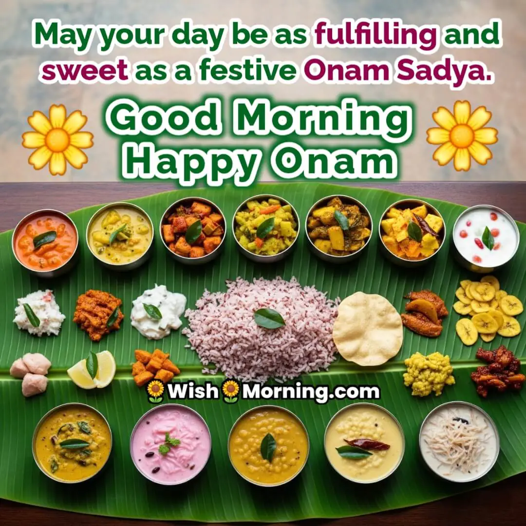 Good Morning image featuring an Onam Sadya on banana leaf, symbolizing fulfillment and festive joy.