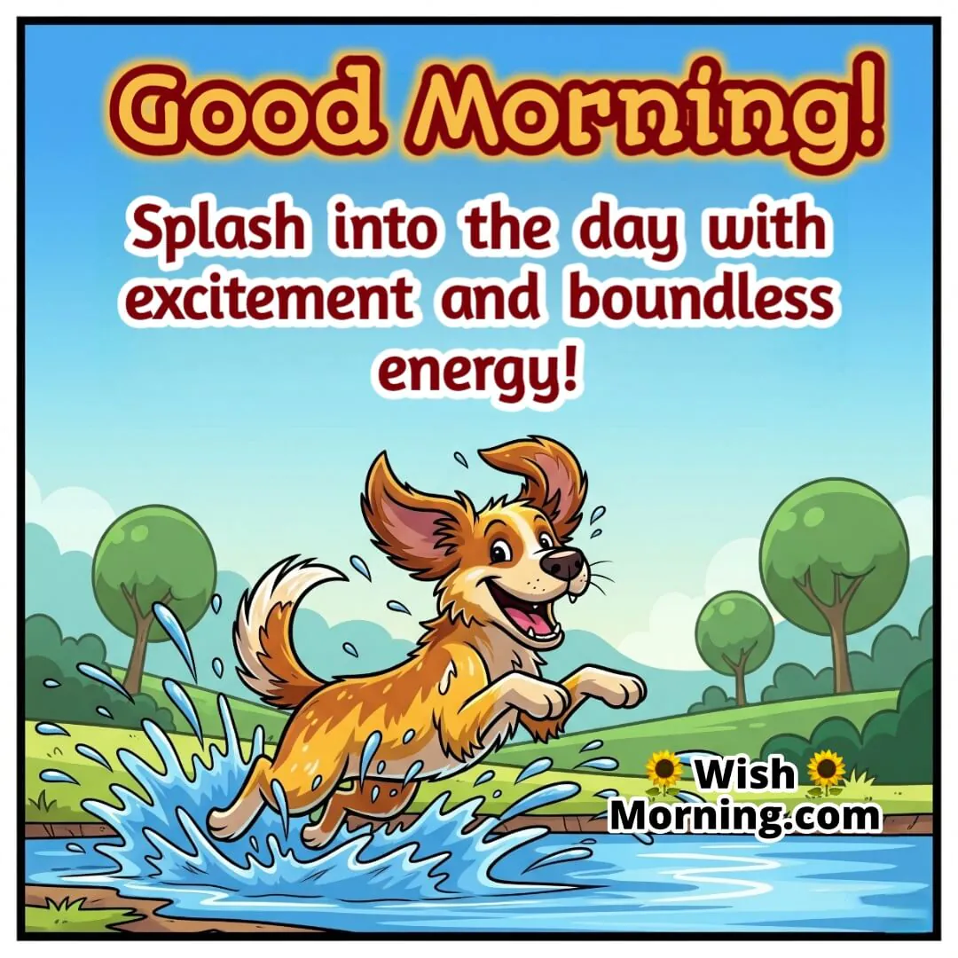Good Morning Dog Message featuring playful dog splashing in water, symbolizing energy and fun.
