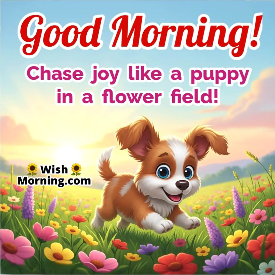 Good Morning Puppy Quote image featuring a joyful puppy running in a flower meadow, symbolizing happiness and freedom.