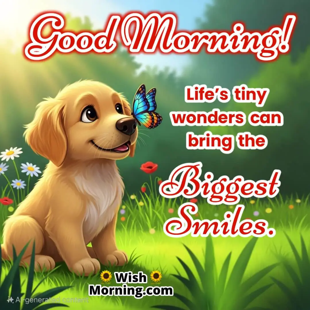 Good Morning Puppy Quote featuring a butterfly on a puppy’s nose in a garden, symbolizing joy in small moments.