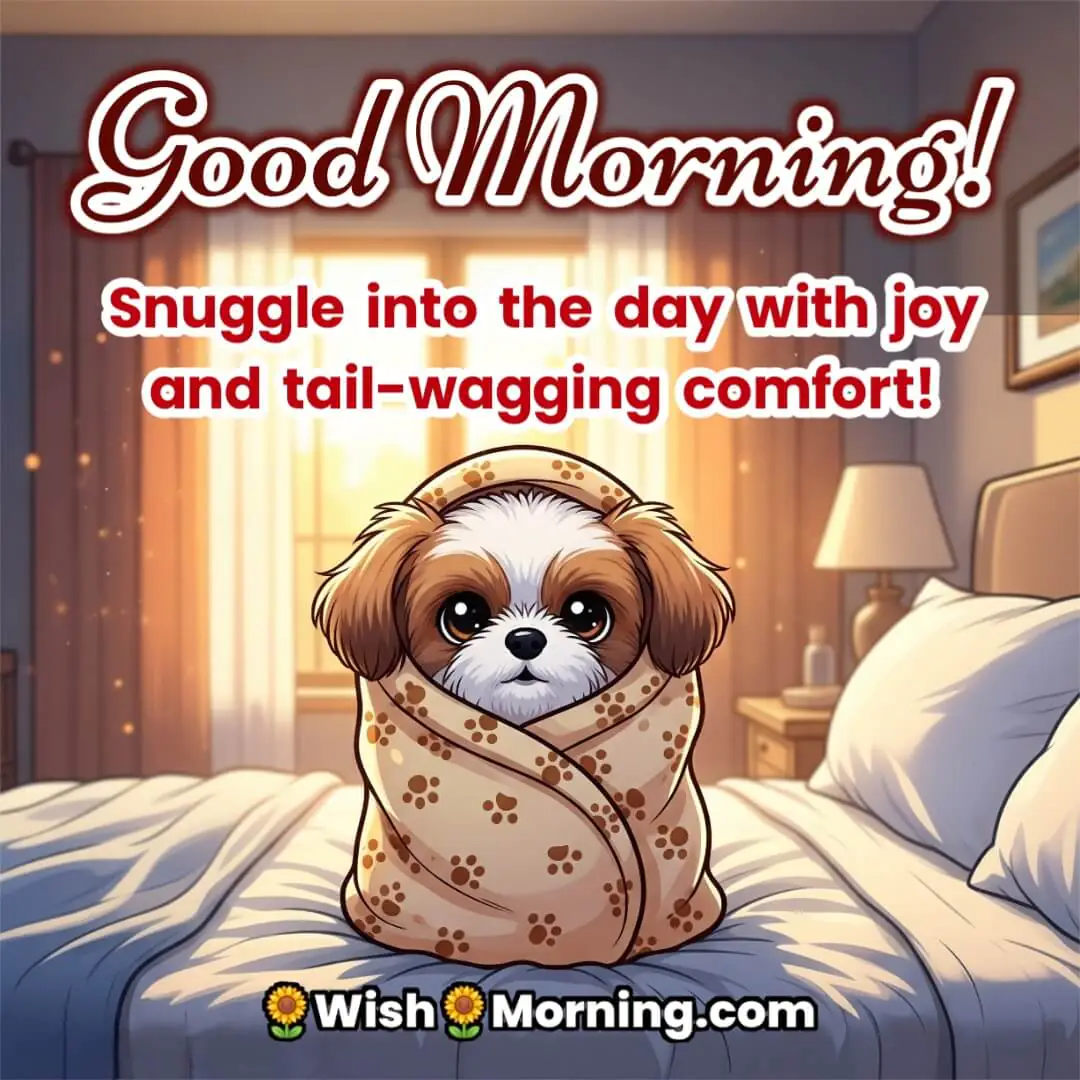 Good Morning Dog Quote with puppy wrapped in blanket on bed, symbolizing coziness and happiness.