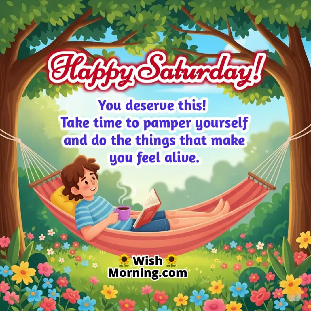 Happy Saturday image of a person resting in a hammock with coffee and book under trees — symbolizing relaxation, pampering, and weekend joy.