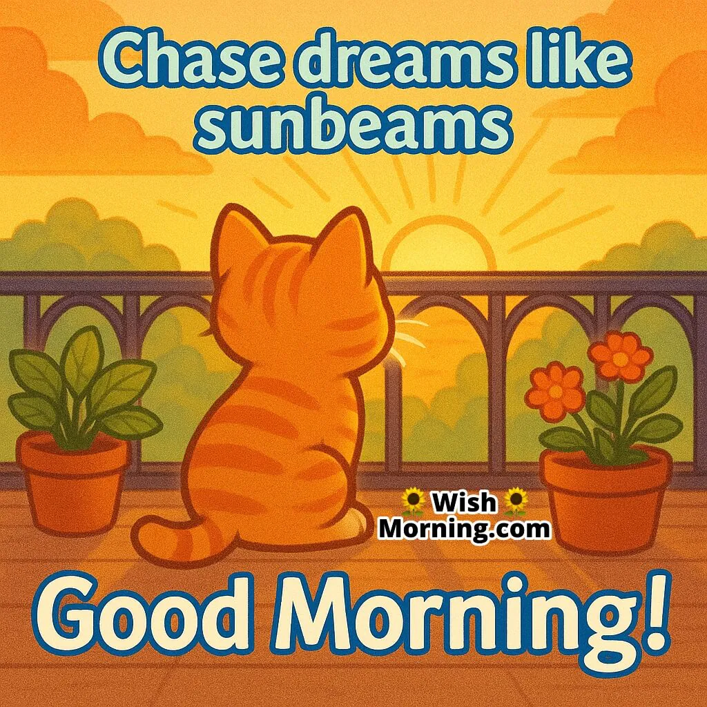 Good Morning image featuring a kitten gazing at the sunrise from a balcony, symbolizing hope and inspiring beginnings