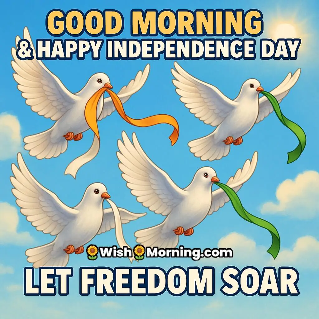 Inspiring Good Morning Happy Independence Day image featuring white doves flying with tricolor ribbons in a bright blue sky with morning sunlight, symbolizing hope and freedom