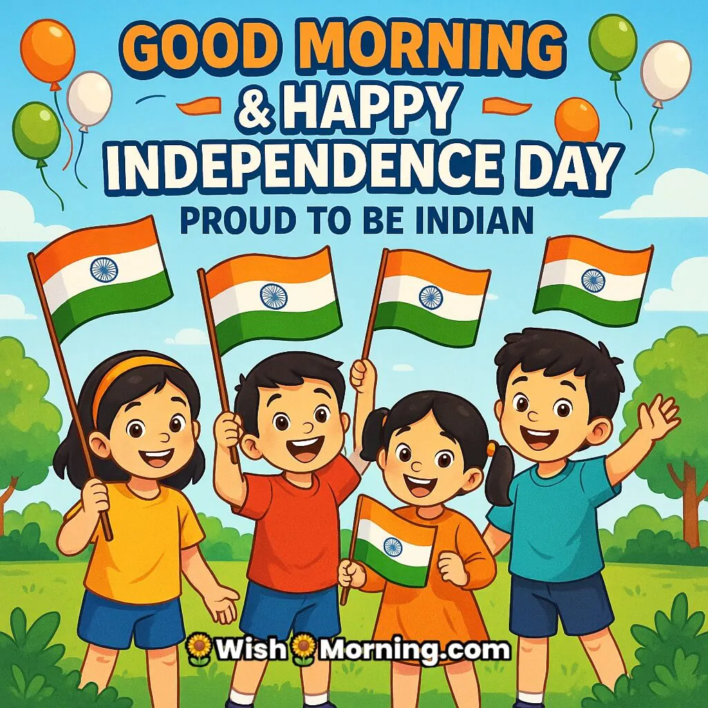 Joyful Good Morning Happy Independence Day image featuring smiling children in traditional clothes holding Indian flags with balloons in saffron, white, and green under a sunny morning sky, symbolizing national pride and unity