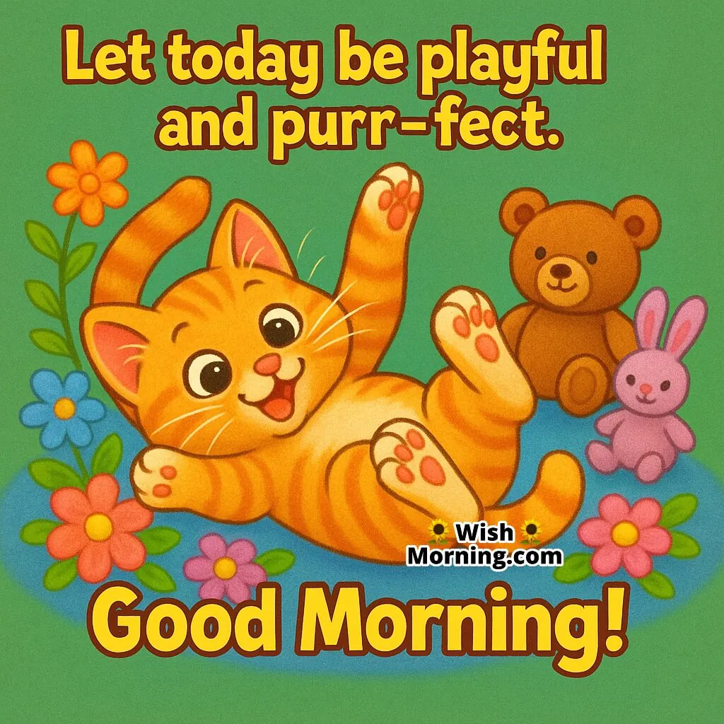 Good Morning image featuring a happy kitten rolling over flowers and toys, symbolizing fun, joy, and carefree beginnings