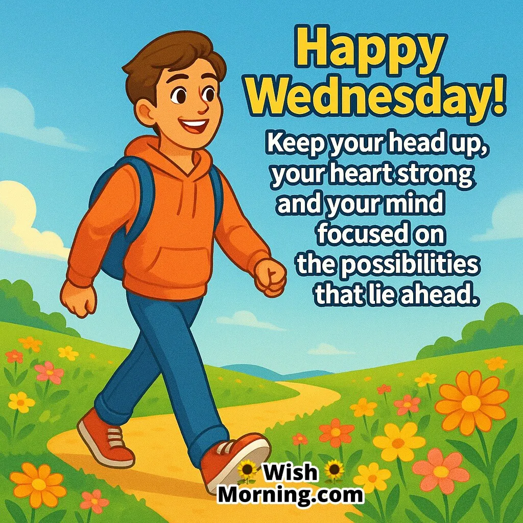Positive Wednesday Mindset featuring a confident person walking on a bright flower path, symbolizing hope and possibilities.