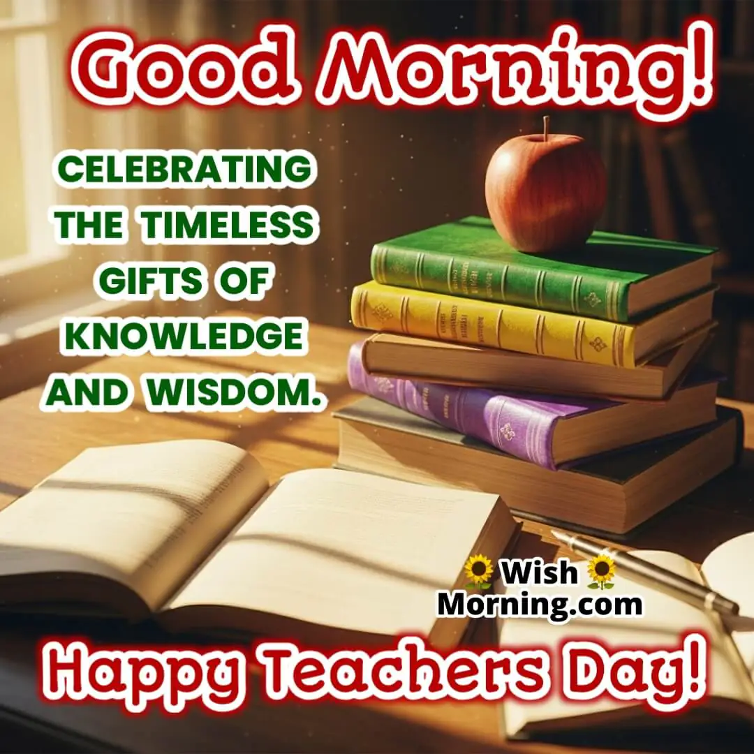 Classic Books Apple Morning Light Teachers Day Quote Photo featuring stacked books and a red apple in soft sunlight symbolizing timeless knowledge, wisdom, and a Happy Teachers Day quote.