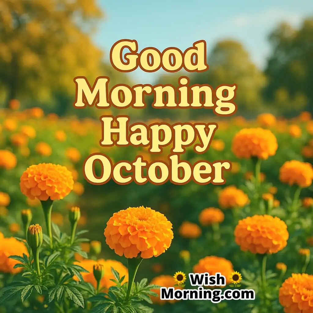 Good Morning Happy October image featuring a colorful marigold garden glowing under soft morning sunlight, symbolizing joy, freshness, and a cheerful October start.