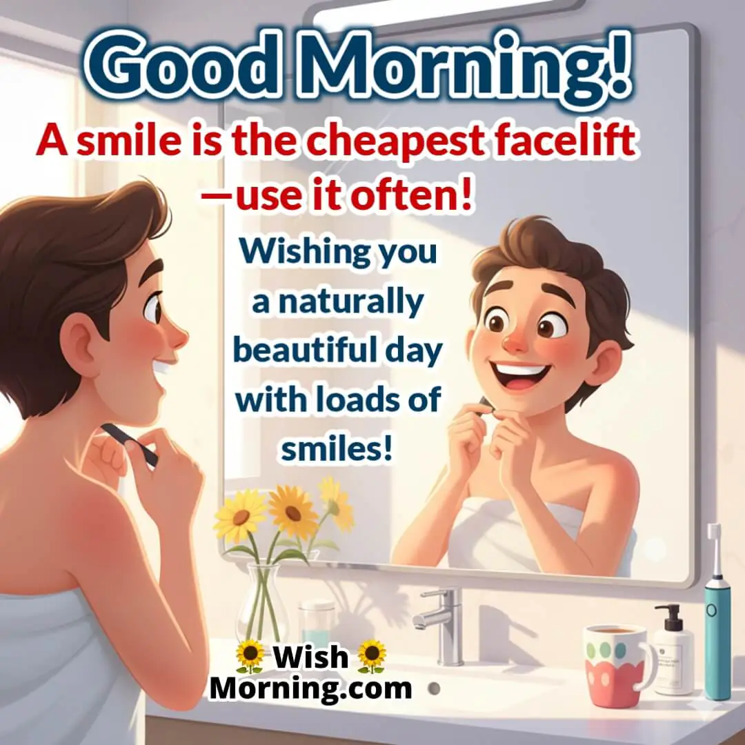 Good Morning image featuring a smiling person looking in the mirror in a cozy morning setup, symbolizing self-care and positivity.