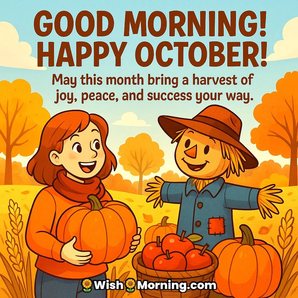 Happy October good morning wish image featuring a cheerful woman holding a pumpkin beside a smiling scarecrow with a basket of apples in a colorful autumn field, symbolizing joy, peace, and success.