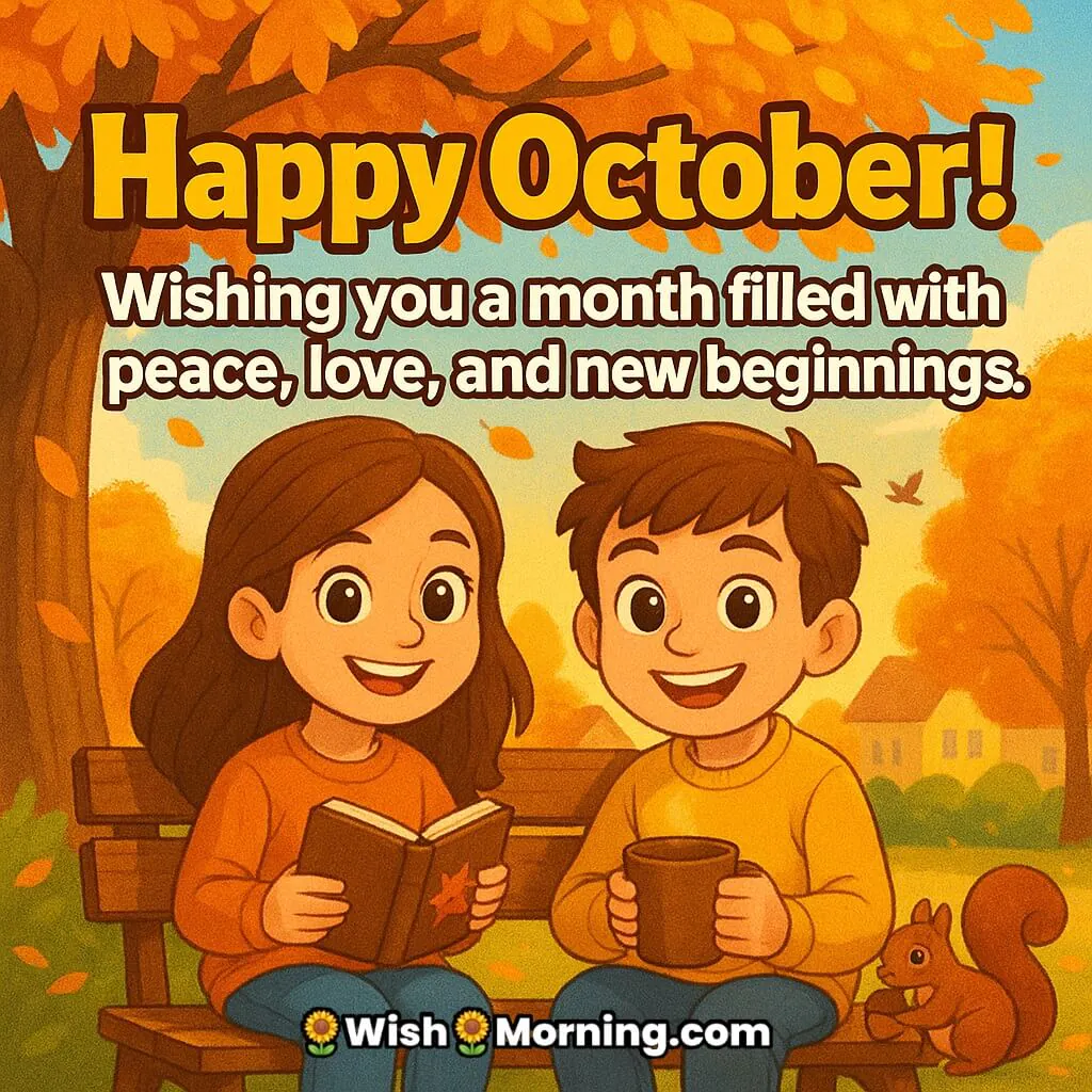 Happy October Month Wish featuring cheerful cartoon kids under autumn tree with diary and cocoa, symbolizing peace, love, and fresh starts