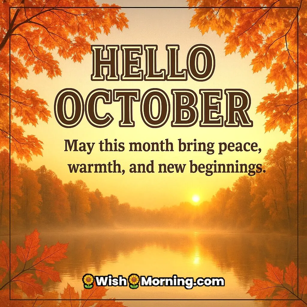 Hello October greeting image featuring a calm autumn sunrise over a peaceful lake with colorful fall leaves, symbolizing warmth, peace, and new beginnings.