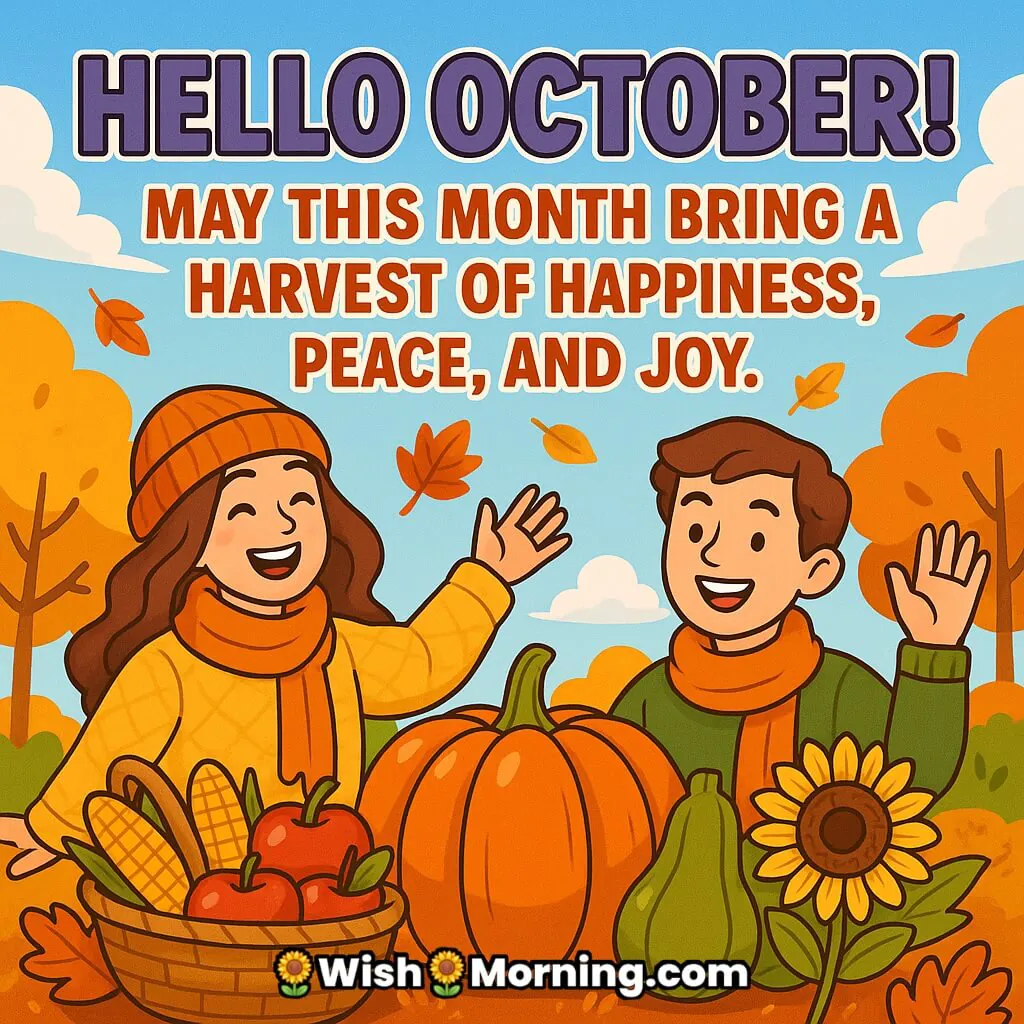 Hello October wish image featuring cheerful characters with pumpkins, apples, corn, and sunflowers, symbolizing joy, peace, and the colorful harvest season.