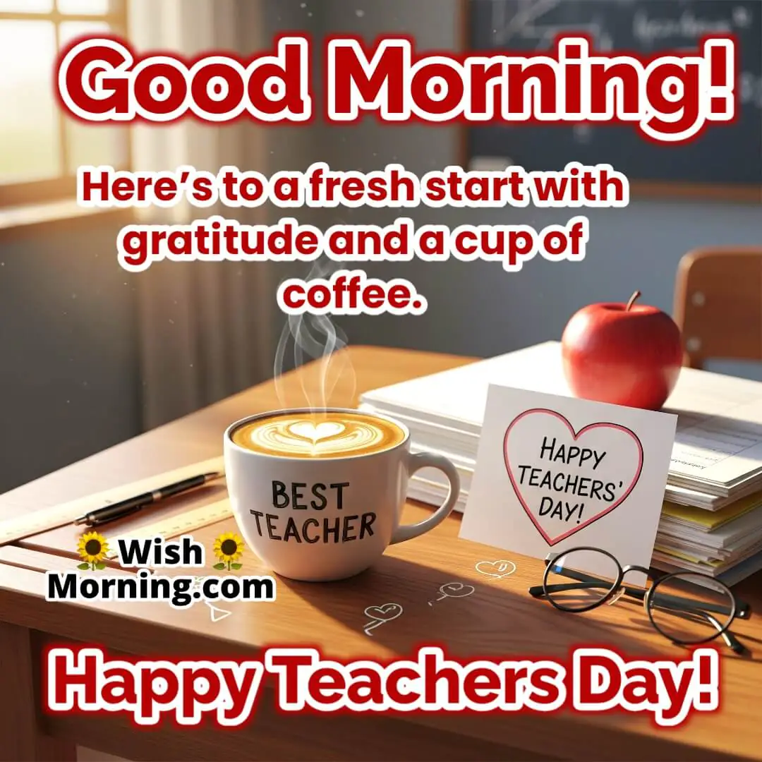Teachers Day Morning Coffee Good Morning Wish Image featuring a warm coffee cup on teacher’s desk symbolizing gratitude, freshness, and a heartfelt Happy Teachers Day wish.