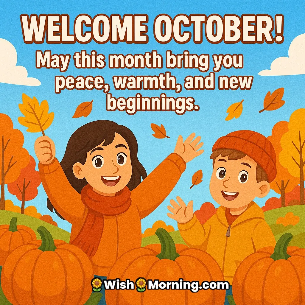 Welcome October message featuring cheerful autumn pumpkin patch scene with joyful characters, symbolizing warmth, peace, and fresh starts.