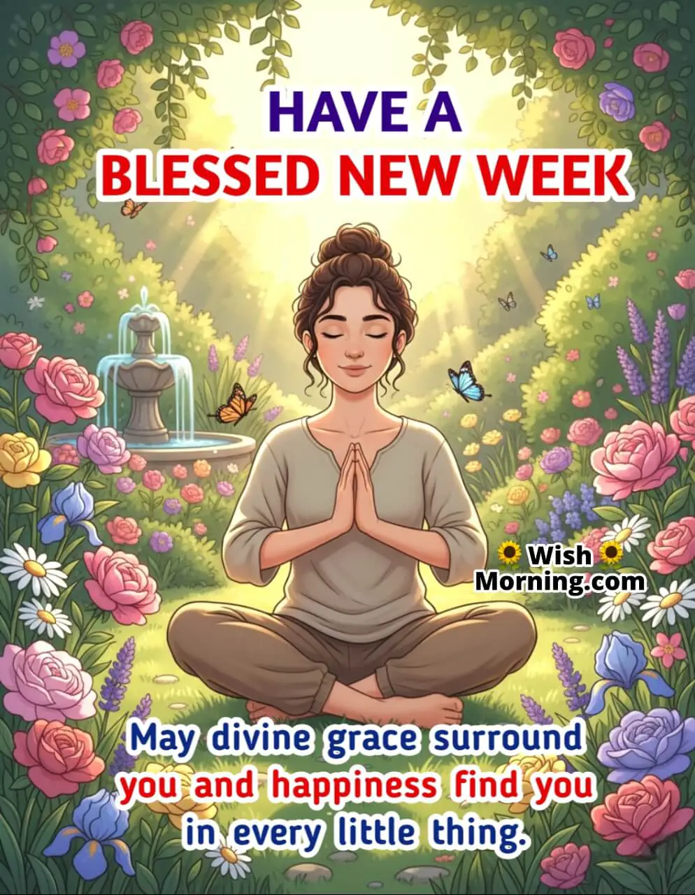 Blessed Peaceful New Week image featuring a person in a flower garden symbolizing gratitude, calmness, and divine blessings.