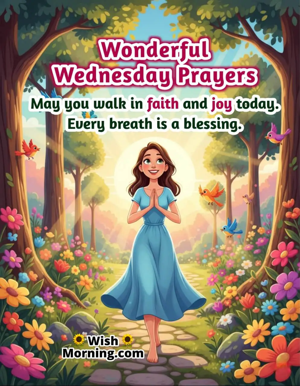 Spiritual Wednesday Blessing image featuring a serene person walking barefoot on a sunrise garden path with open calm eyes, symbolizing faith, gratitude, and divine peace.
