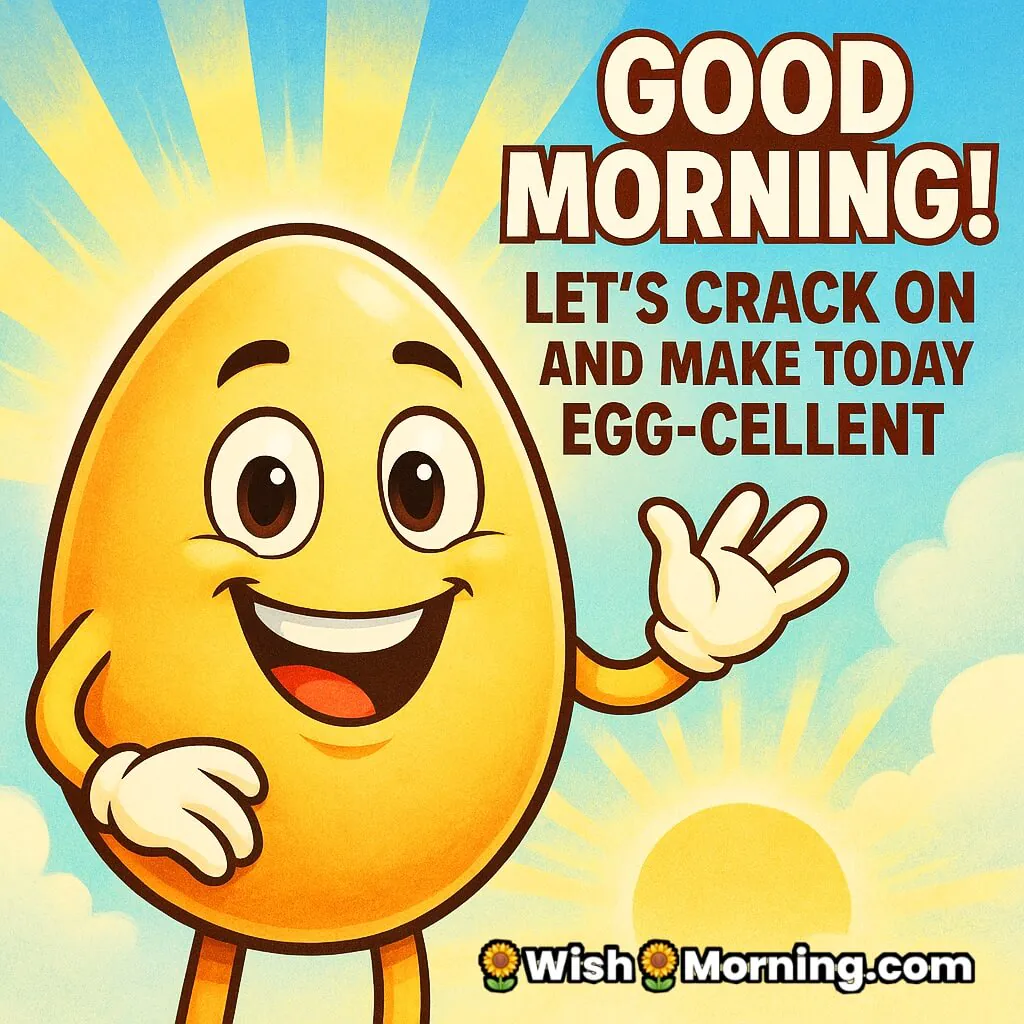 Fun Good Morning egg image of smiling cartoon egg character waving with sunrise background and egg-cellent morning wish.