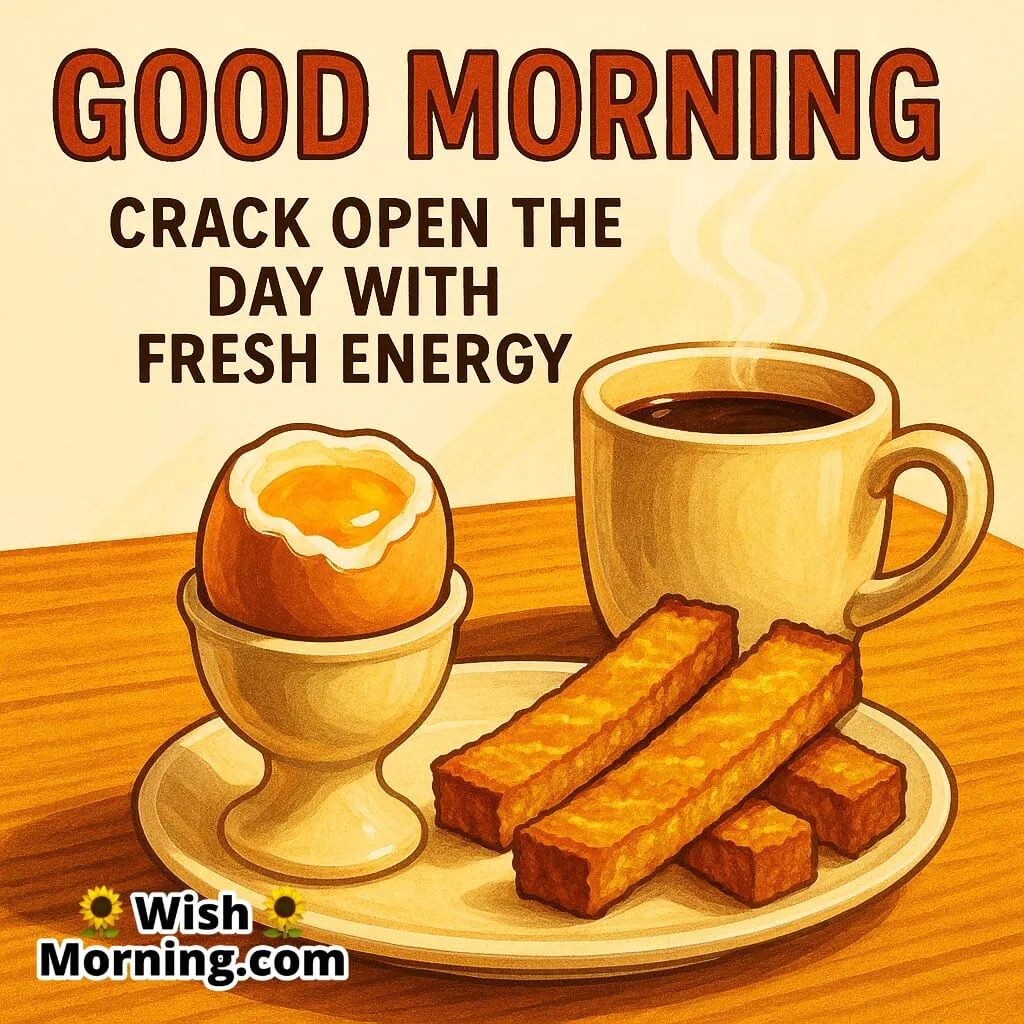 Cheerful Good Morning image of a boiled egg in egg cup with toast soldiers and coffee, cozy morning light, crack open the day quote.