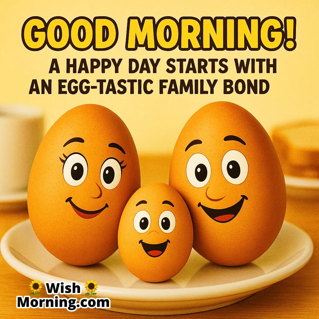 Good Morning egg family with two parent eggs and a child egg on a breakfast table, warm tones, egg-tastic family bond quote.